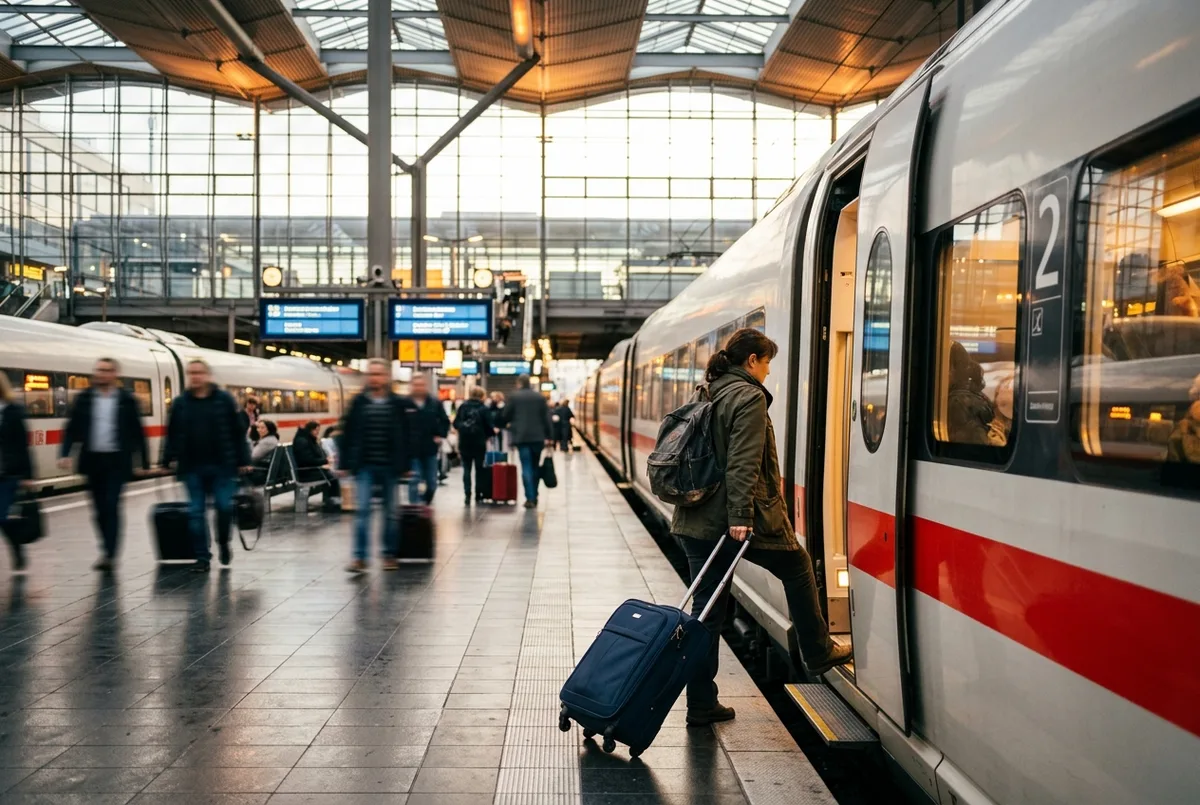 Traveler with a rolling suitcase boarding a train at Frankfurt Airport's underground station, departure signs visible overhead