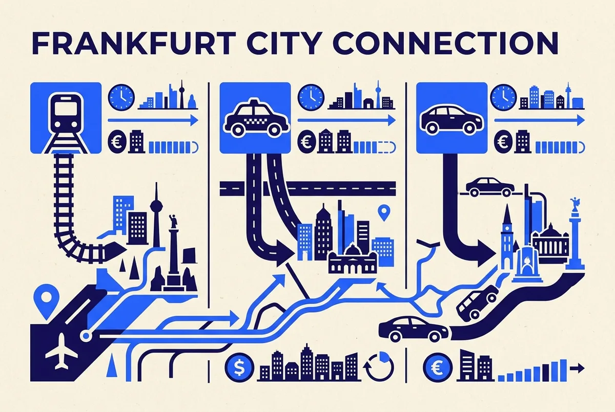Simple comparison chart showing the time and cost of train, taxi and private transfer options from Frankfurt Airport to the city center