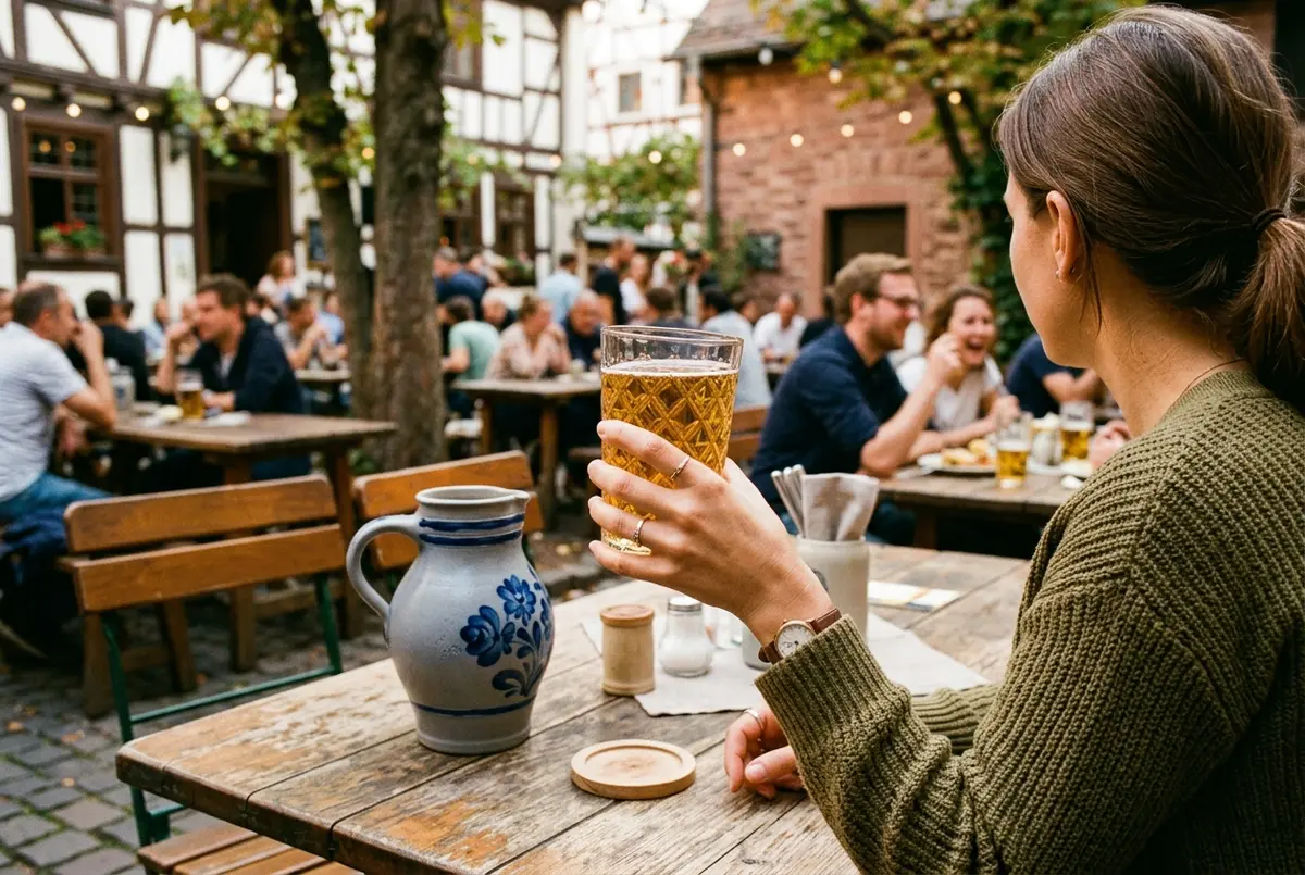 Traveler holding a diamond-patterned Gerippte glass of Sachsenhausen apple wine at an outdoor tavern table in Frankfurt, a grey Bembel jug on the table