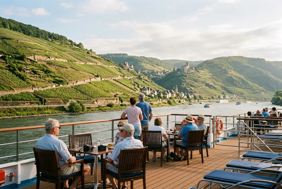 Goldene Herbstweinberge über dem Rhein bei Ruedesheim im Nachmittagslicht, ein Ausflugsboot zieht auf dem Fluss vorbei, beste jahreszeit rheinschifffahrt frankfurt Stimmung