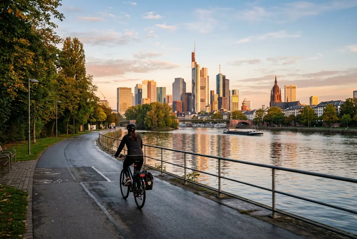 Cyclist riding along a paved riverside path beside the Main in Frankfurt with the skyline across the water, early morning light