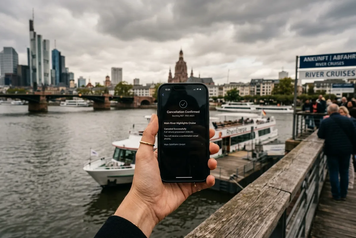 Close-up of a hand holding a phone showing a cancellation confirmation beside a river cruise boat dock in Frankfurt, overcast sky, cancellation policy concept