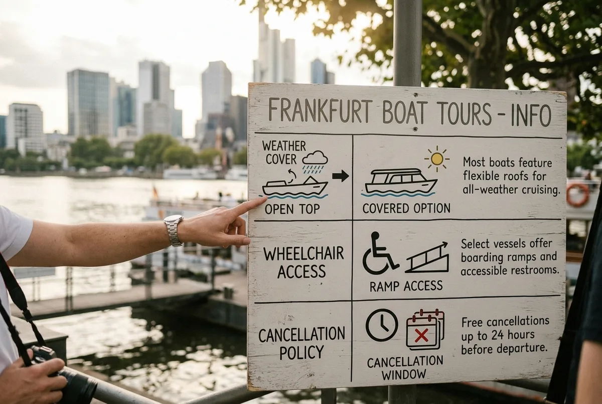 Weather and accessibility icon chart for Frankfurt boat tours showing rain cover, wheelchair access and cancellation window with generic labels