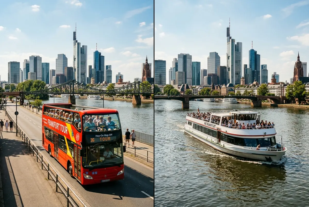 Split scene showing a red open-top sightseeing bus on one side and a river cruise boat on the Main on the other, both facing the Frankfurt skyline at midday