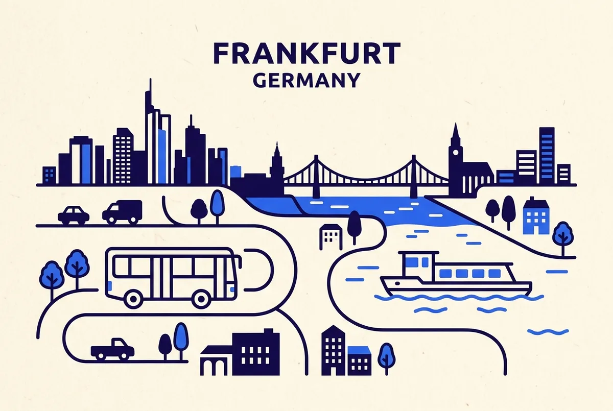Simple side-by-side comparison infographic contrasting a bus route icon and a river boat route icon against the Frankfurt skyline, with generic labels only