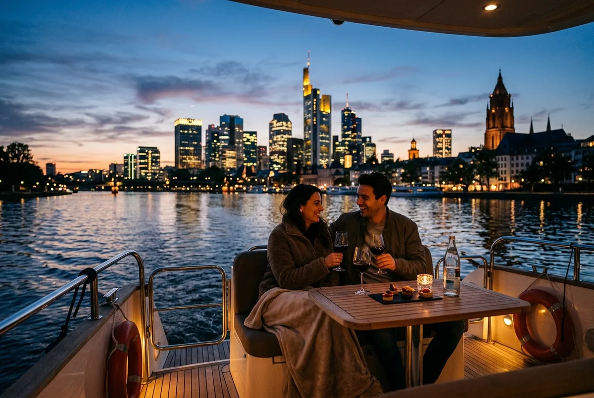 Couple on a private boat deck on the Main River at dusk with the Frankfurt skyline lit up, two drinks on a small table, Frankfurt dinner cruise concept