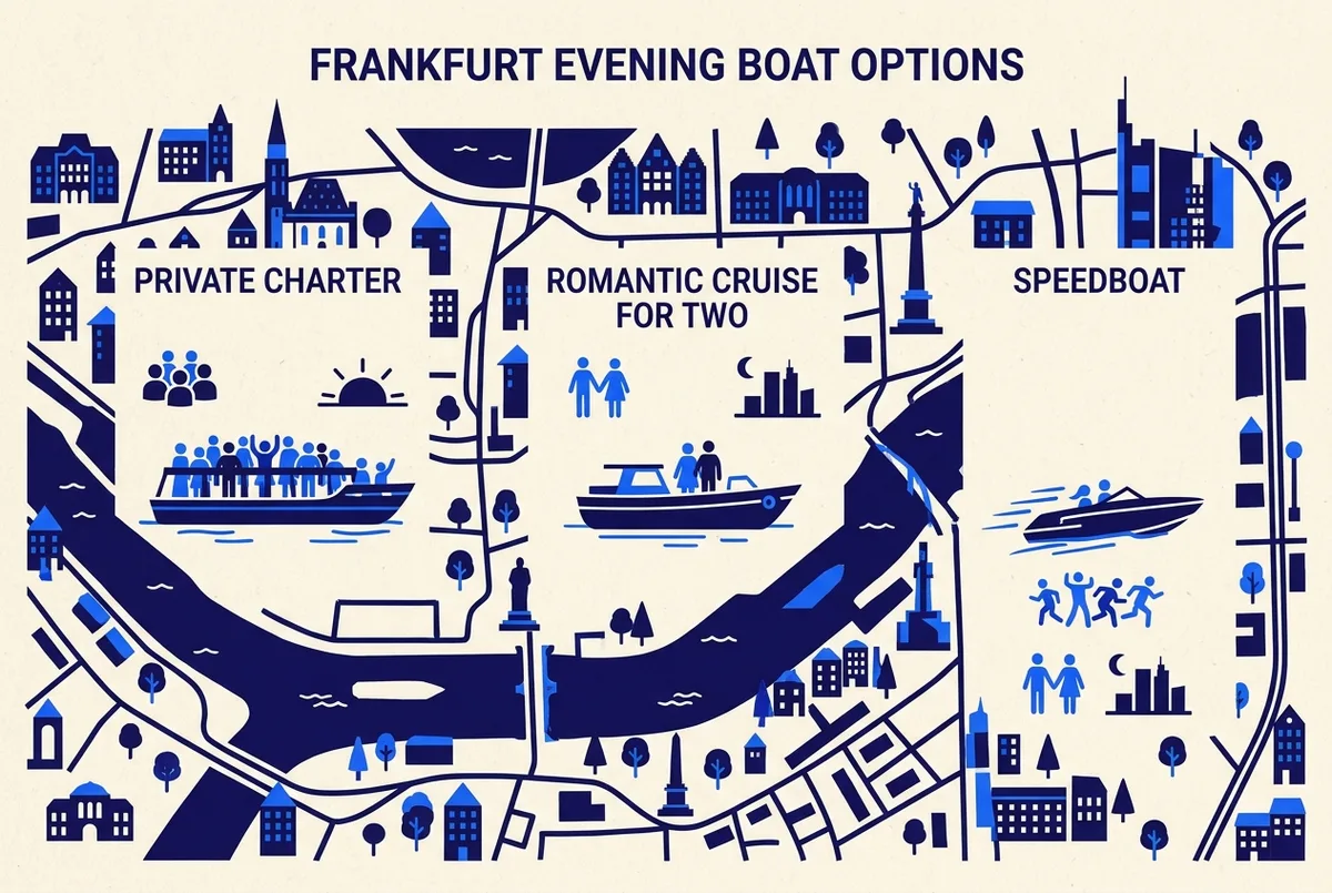Comparison infographic of Frankfurt's three evening-capable boat options: private charter, romantic cruise for two and speedboat, showing group size icons and generic time-of-day labels