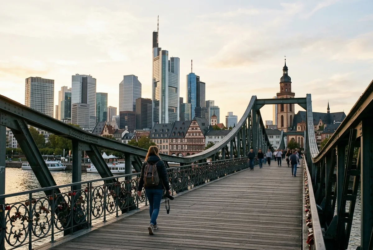 Traveler walking across the Eiserner Steg footbridge in Frankfurt toward the skyline, old town rooftops visible behind