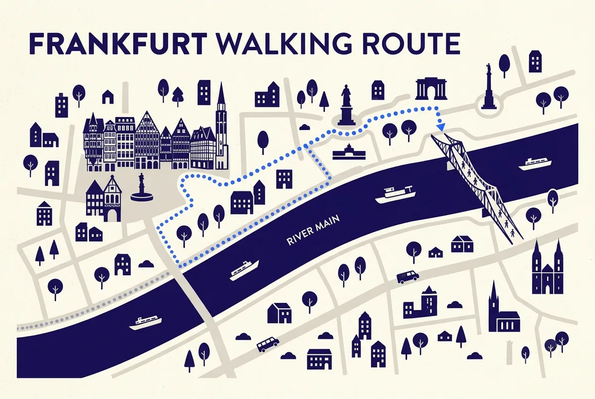 Simple map-style graphic showing the walking route from Romerberg to the Eiserner Steg bridge in Frankfurt, with the riverbank paths on both banks marked