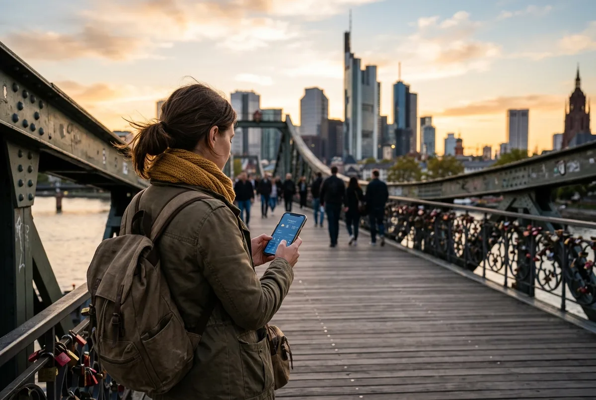Traveler checking a phone weather app while standing on the Eiserner Steg bridge in Frankfurt with the skyline in soft early autumn light