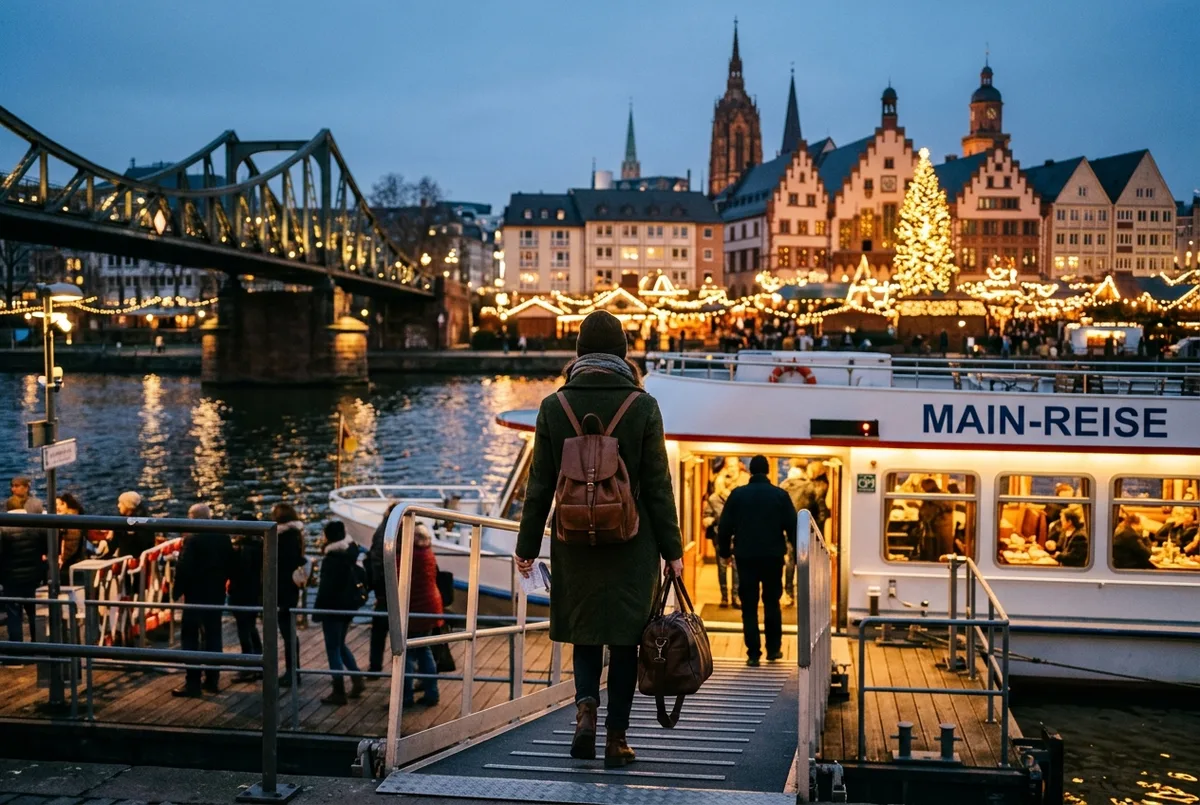 Beleuchtetes Rundfahrtboot auf dem Main vor der Frankfurter Skyline bei Nacht im Winter, frankfurt silvester schiff Stimmung mit Lichtern am Ufer