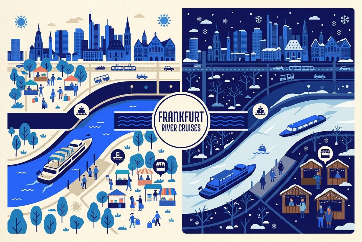 Festlich beleuchteter Weihnachtsmarktstand am Mainufer in Frankfurt mit Blick auf ein startendes Rundfahrtboot im Hintergrund, generische Winterdekoration ohne Markennamen