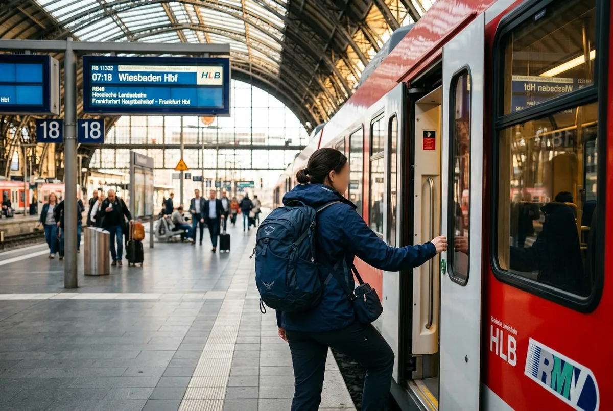 Traveler boarding a regional train at Frankfurt Hauptbahnhof with a day-trip backpack, morning light through the station's glass roof