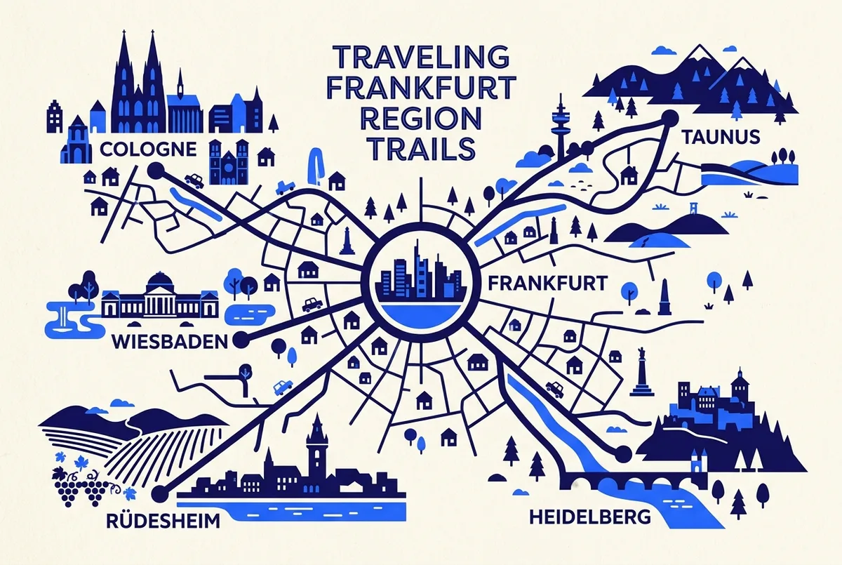 Simple route map showing Frankfurt at the center with lines radiating out to Heidelberg, Rüdesheim, the Taunus hills, Wiesbaden and Cologne, each labeled with travel time