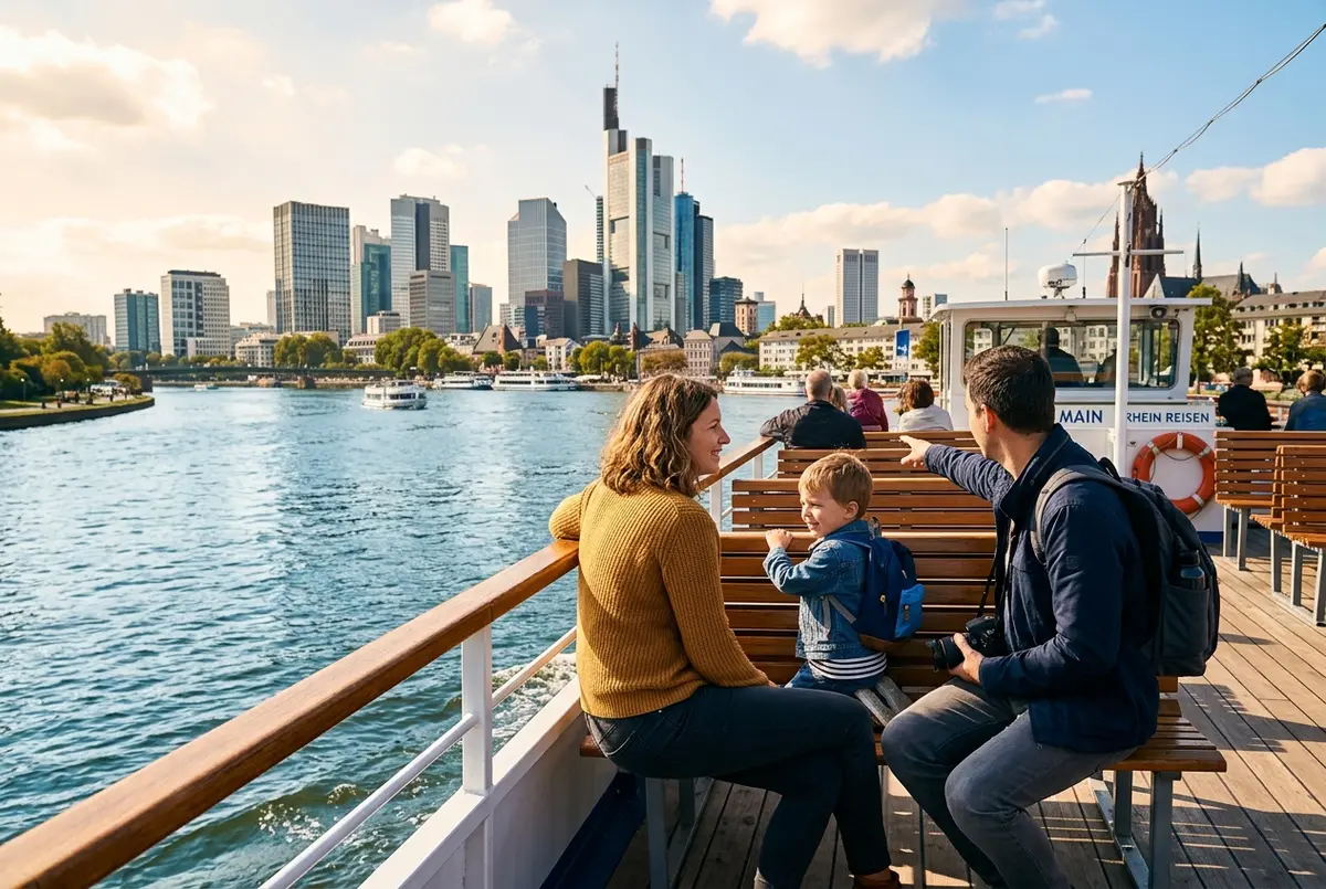 Family with a young child on the open deck of a Frankfurt river cruise boat, skyline in the background, midday light