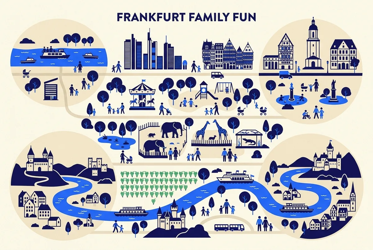 Simple infographic comparing Frankfurt family activities by duration and age suitability, from a short river cruise to a full-day Rhine trip