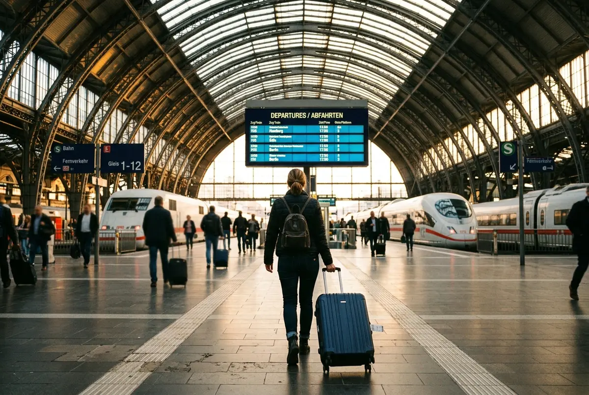 Reisender mit Koffer steht auf dem Bahnsteig der S-Bahn Station Frankfurt Flughafen Regionalbahnhof, Anzeigetafel mit Zielen im Hintergrund, anreise frankfurt Moment