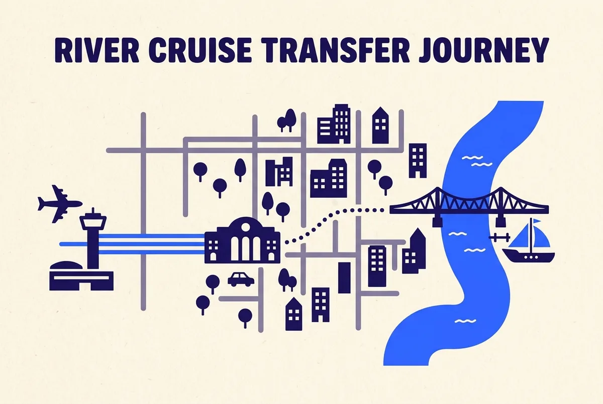 Simple route map showing Frankfurt Airport, the train line into Frankfurt Hauptbahnhof, and the walking route from the station to the Eiserner Steg river cruise dock