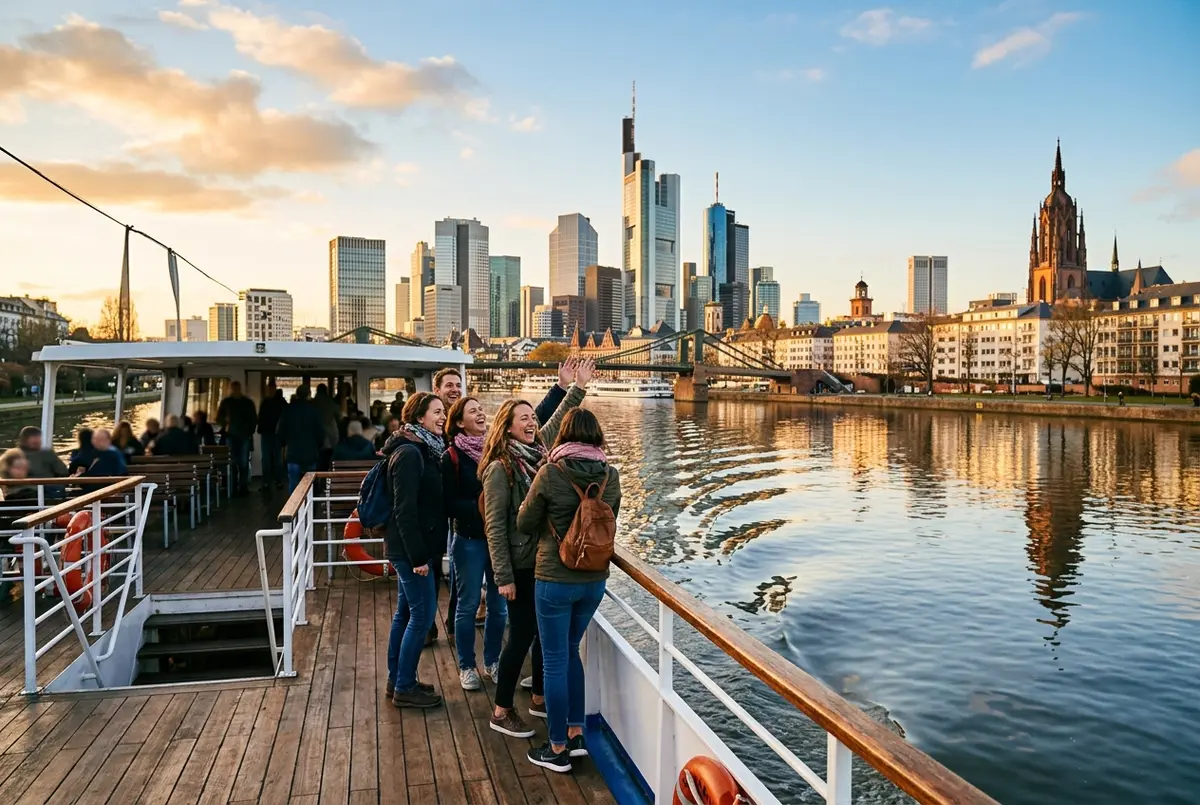 Tourists smiling on the open deck of a river cruise boat with the Frankfurt skyline reflected in the Main, best Frankfurt boat tour moment