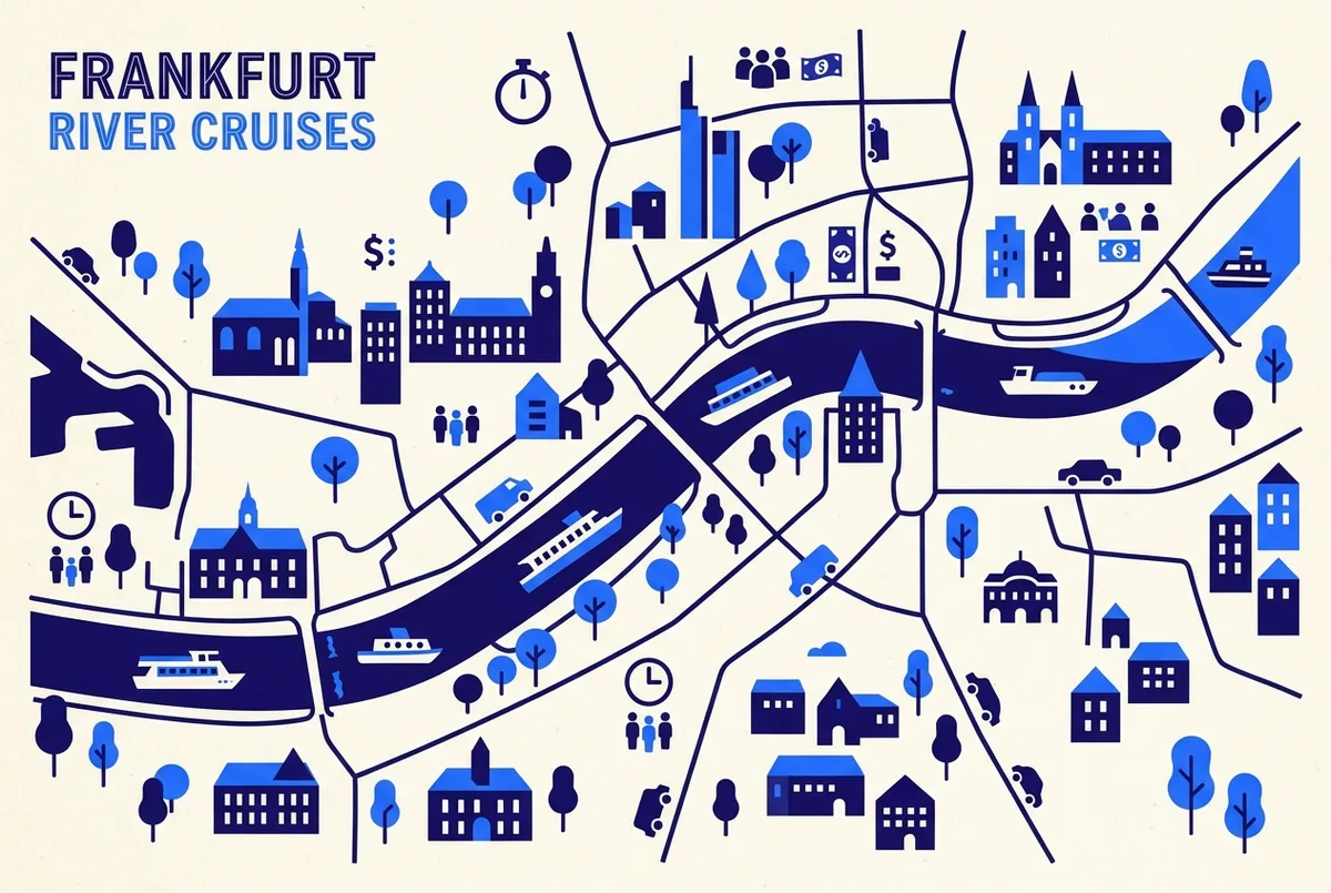 Price and duration comparison infographic across six Frankfurt boat tour products, generic icons for duration, group size and price range