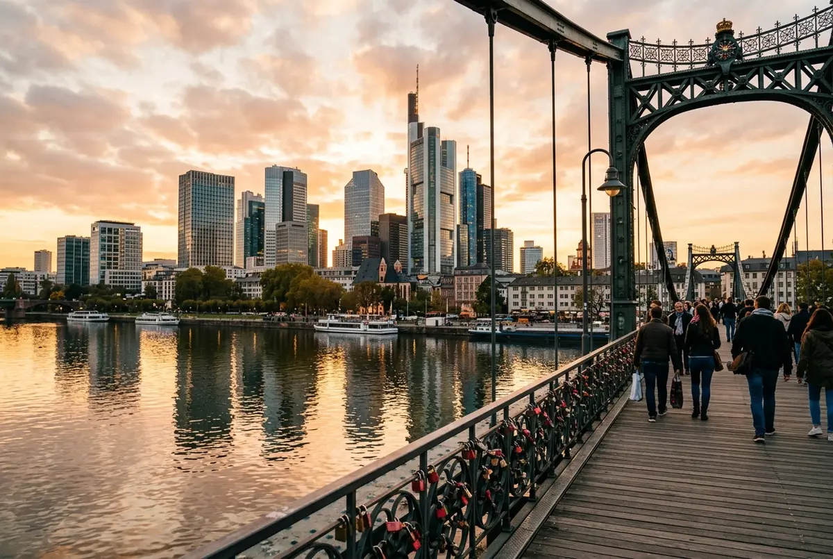 Frankfurt skyline of glass skyscrapers reflected in the Main River at golden hour, viewed from the Eiserner Steg footbridge