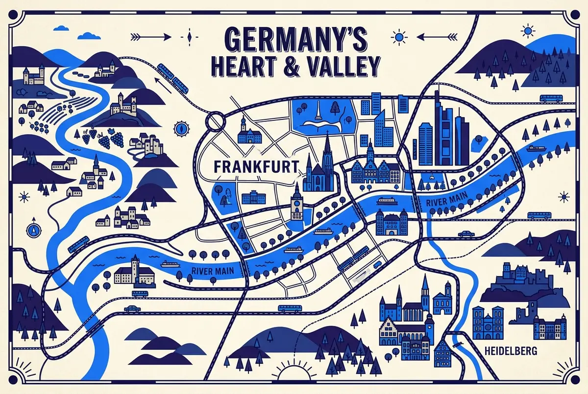 Map-style illustration showing Frankfurt's old town, the river promenade, and nearby day-trip destinations including the Rhine Valley and Heidelberg