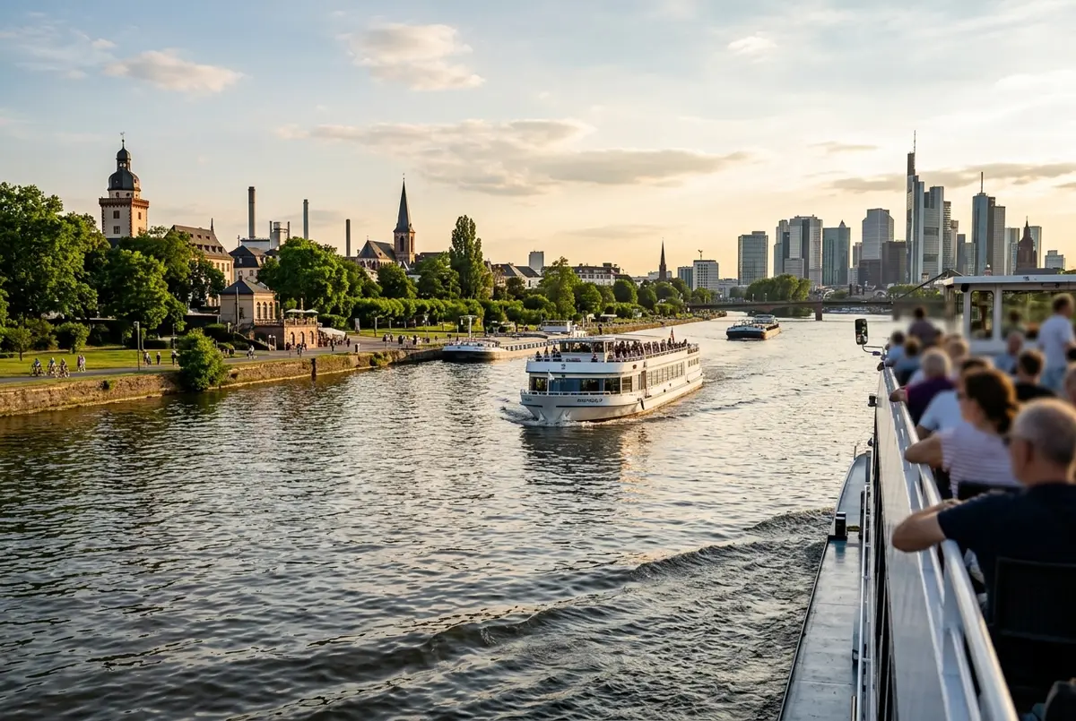 Flussausblick auf dem Main Richtung Höchst mit der Frankfurter Skyline im Hintergrund, schifffahrt frankfurt mainz Routenperspektive