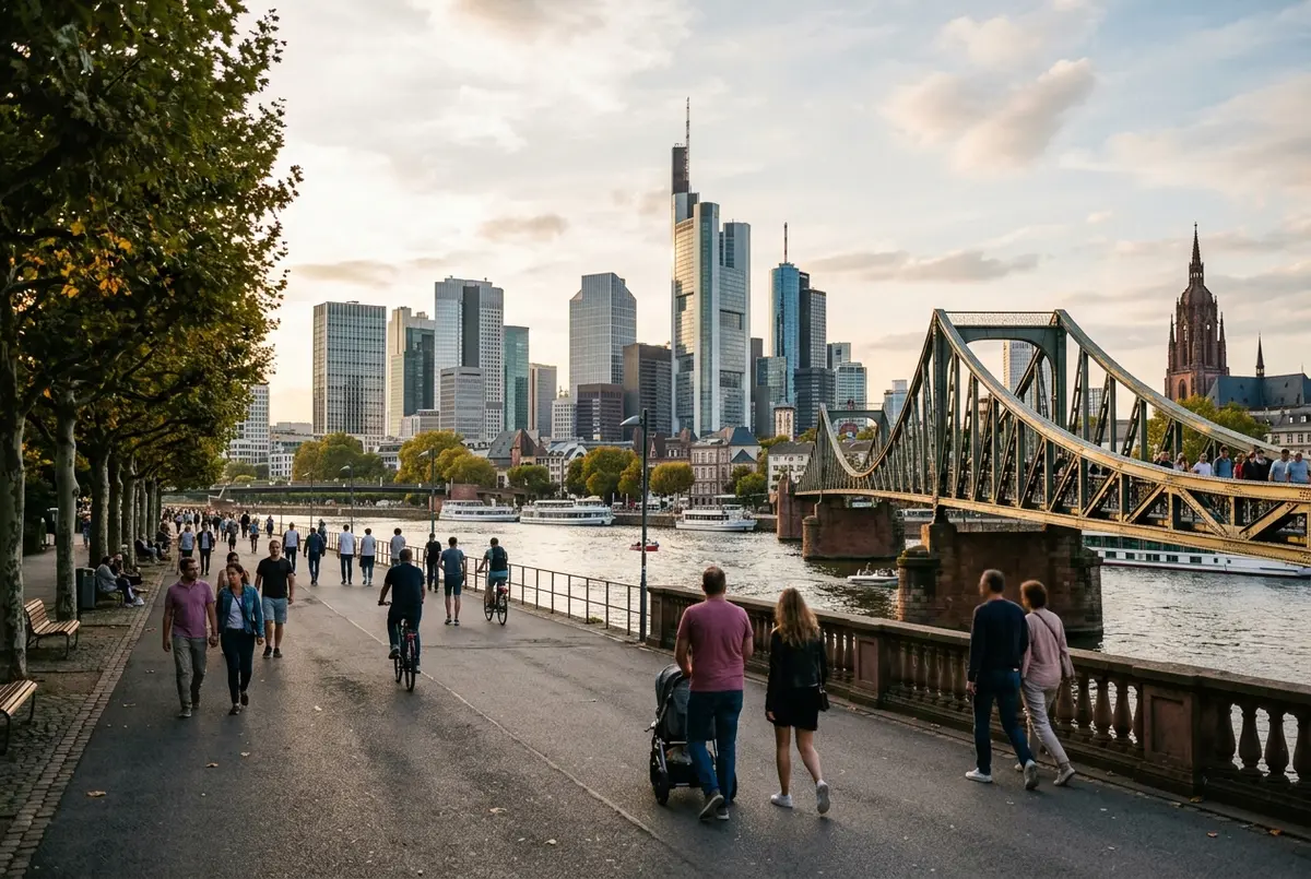 Walking path along the Sachsenhausen riverbank in Frankfurt with the Eiserner Steg footbridge and skyline visible across the water