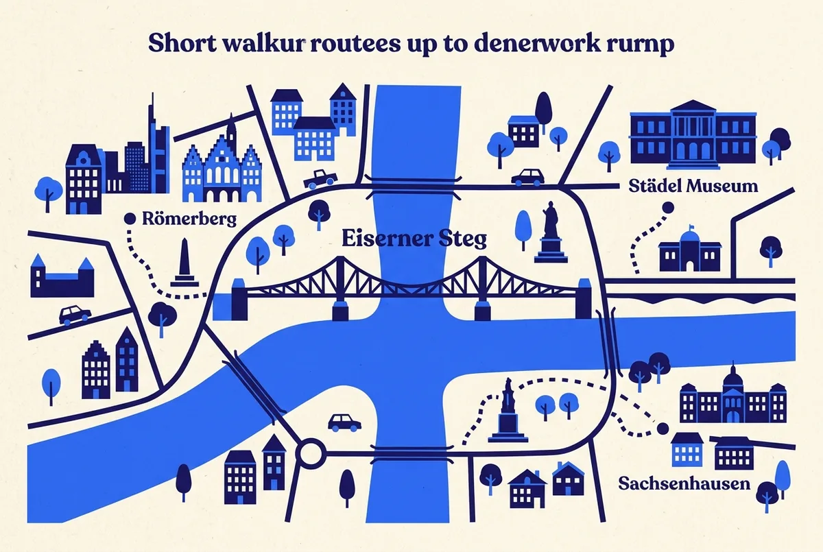 Walking map centered on the Eiserner Steg showing short routes to Römerberg, the Städel Museum and the Sachsenhausen riverbank, each marked with walking time
