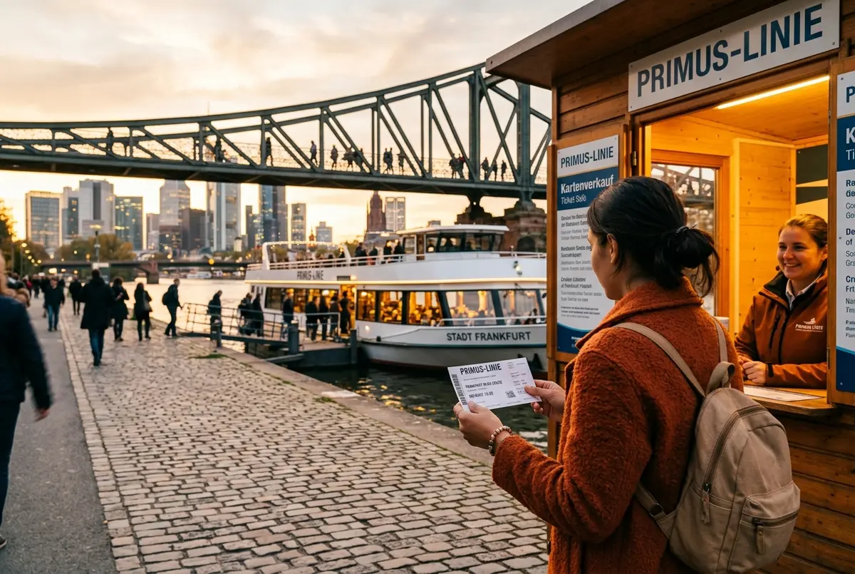 Traveler holding a boarding ticket at the Primus-Linie booth beside the Eiserner Steg bridge in Frankfurt, a river cruise boat docked behind at golden hour