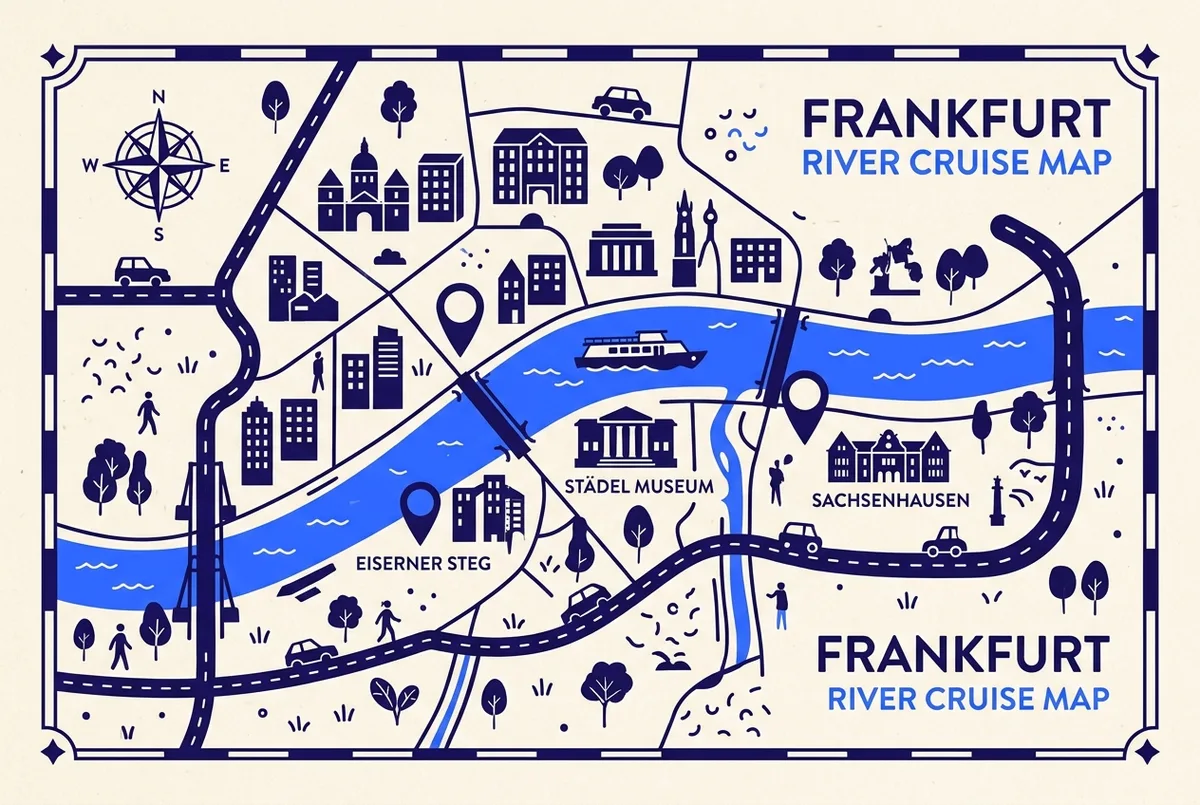 Map-style infographic of the Primus-Linie Frankfurt river cruise route along the Main, marking the Eiserner Steg departure point, Städel Museum and Sachsenhausen waypoints with generic labels