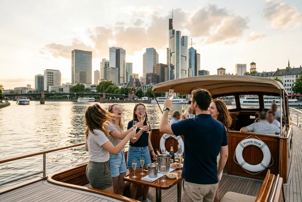 Small group celebrating aboard a private charter boat on the Main River in Frankfurt, skyline in the background, Frankfurt private boat tour scene