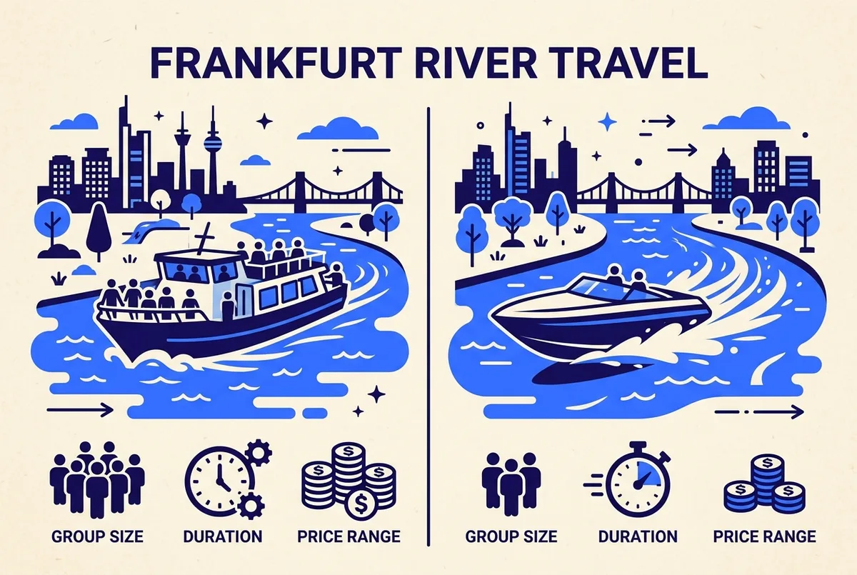 Side-by-side comparison graphic of a Frankfurt private charter boat and a speedboat on the Main River, with generic icons for group size, duration and price range