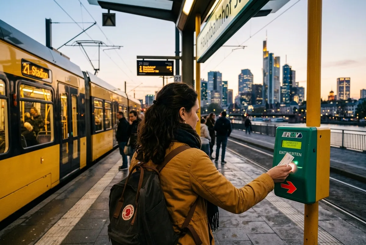 Traveler tapping a public transport ticket at an RMV validator machine on a Frankfurt tram platform, the city skyline visible in the background