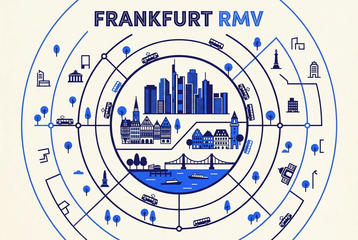 Simple diagram of Frankfurt's RMV transport zones with the city center, the old town, Sachsenhausen and the river dock marked inside the same inner zone