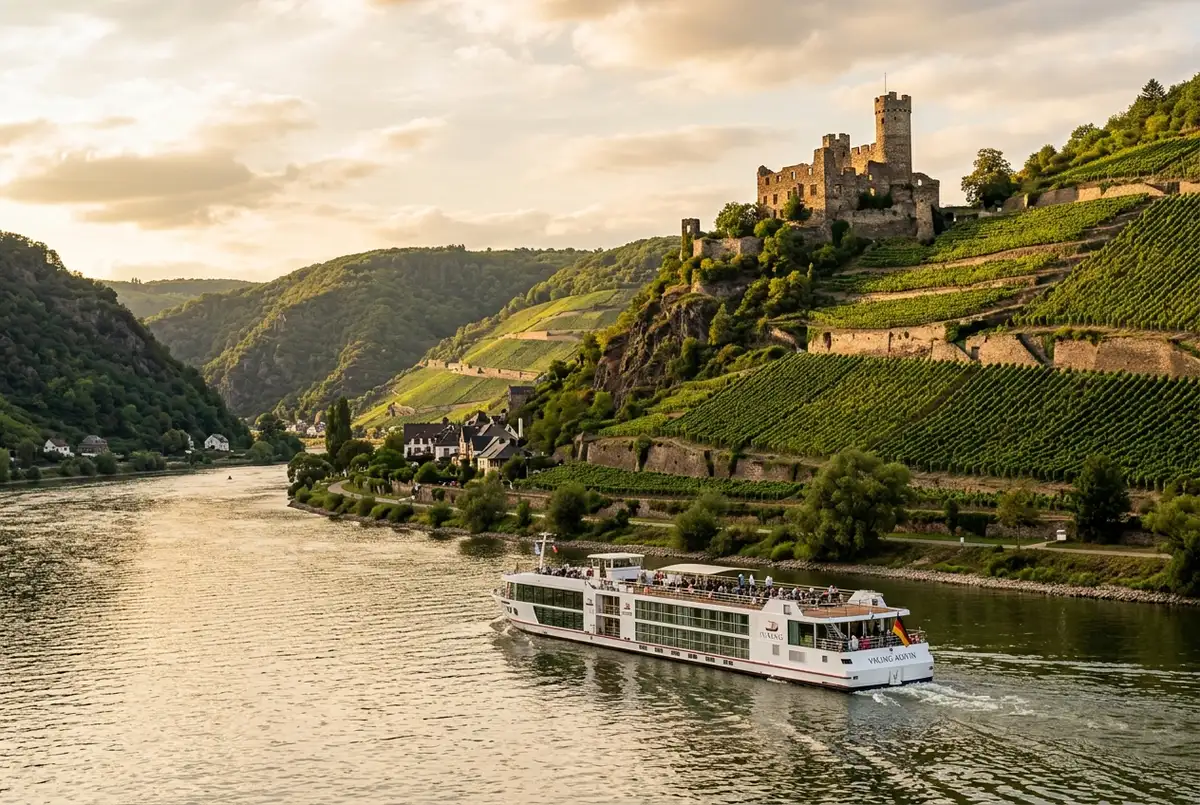 Rhine river cruise boat sailing past a hilltop castle and terraced vineyards in the Rhine Gorge near Rudesheim, golden afternoon light