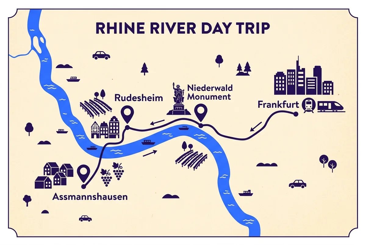 Simple map showing the day-trip route from Frankfurt to the Rhine Gorge, with pins marking Rudesheim, the Niederwald Monument and Assmannshausen