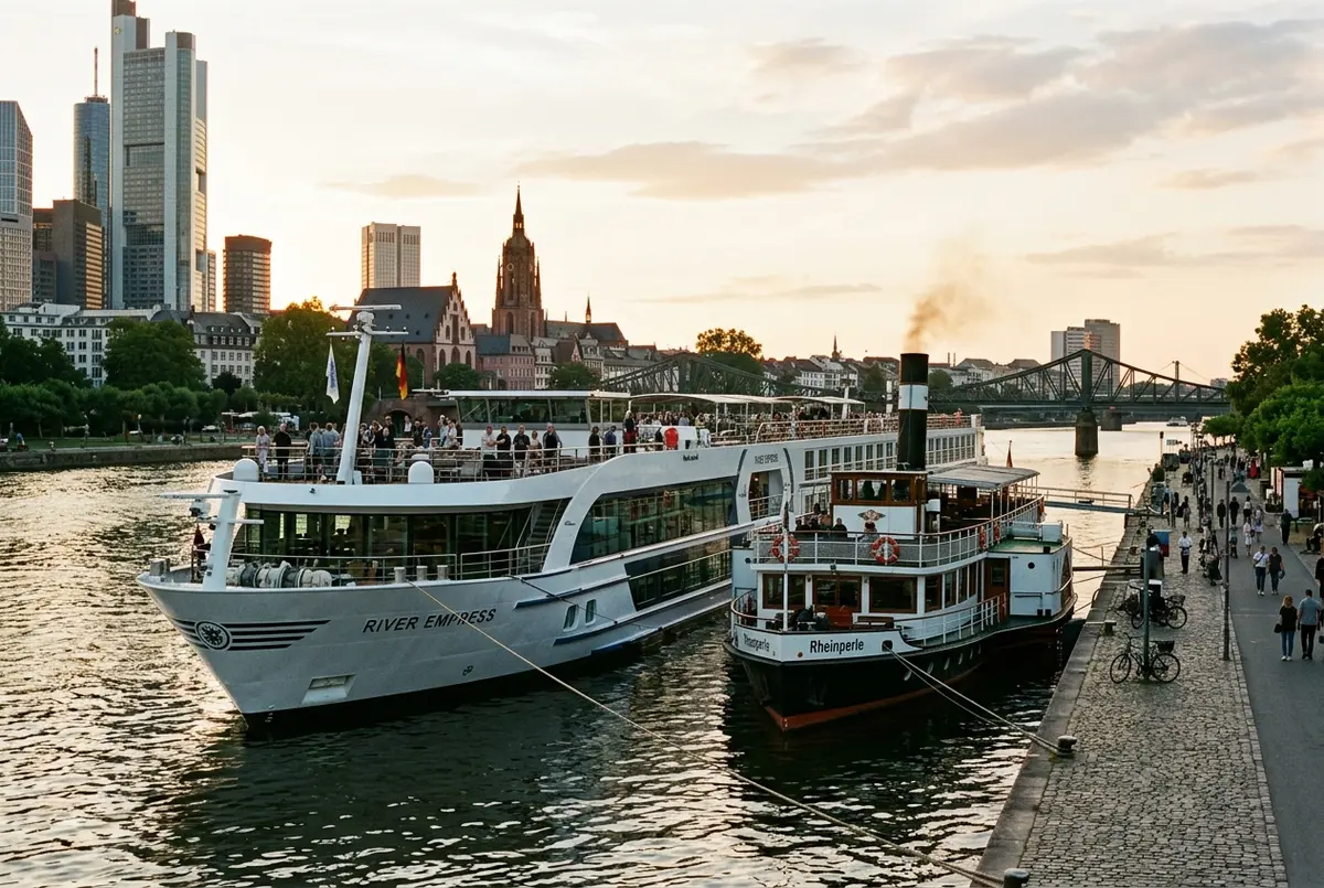 Large multi-day river cruise ship docked beside a smaller day-trip river steamer on the Rhine, side by side for scale