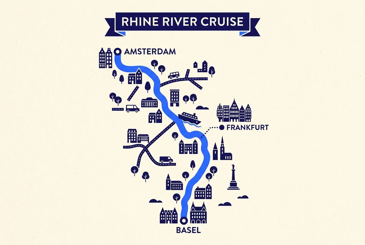 Simple map showing a multi-day Rhine river cruise route between Amsterdam and Basel, with Frankfurt marked off to one side as a day-trip starting point