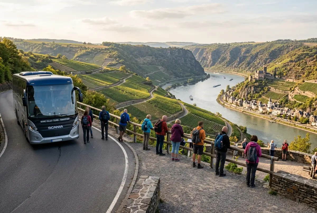 Tour bus parked near a Rhine Gorge viewpoint with travelers looking out over terraced vineyards toward the river below