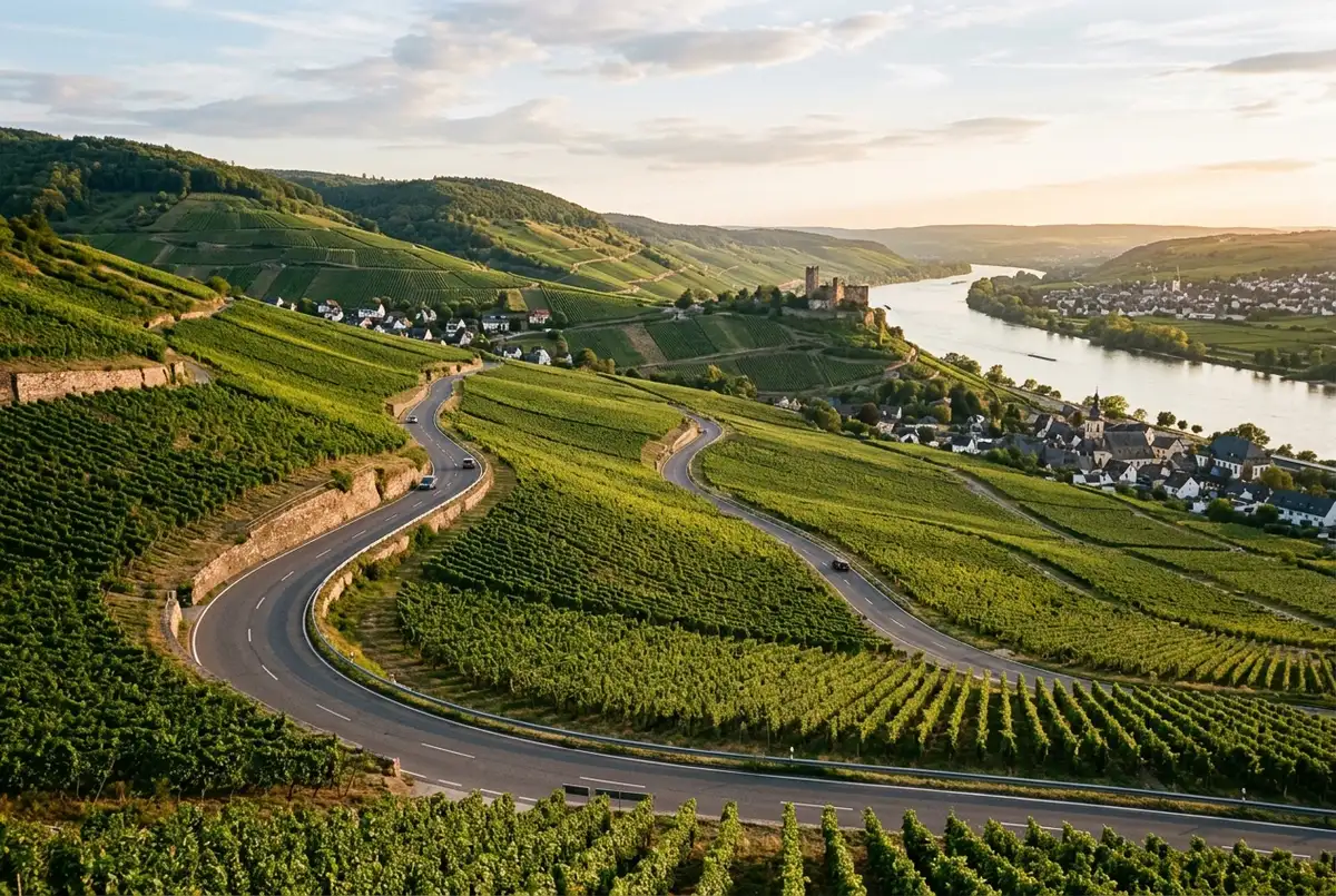 Scenic road winding through vineyard-covered hills on the drive from Frankfurt toward Rudesheim am Rhein