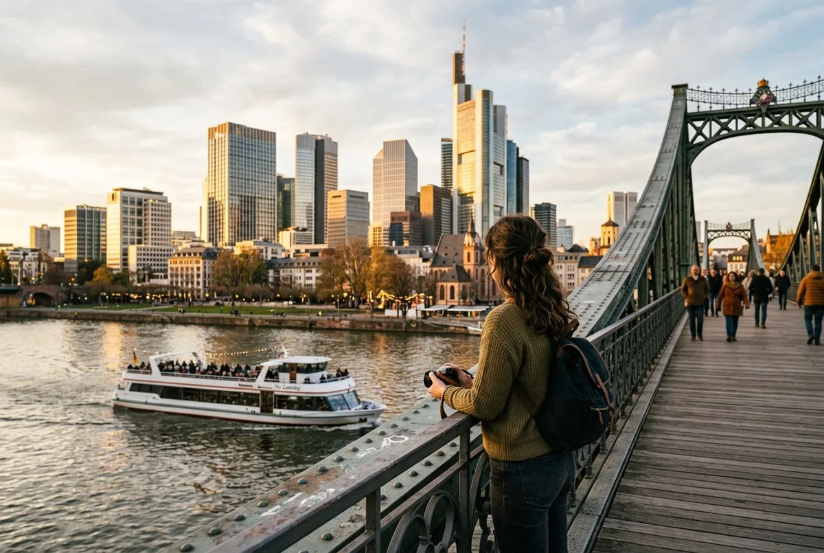 Traveler looking across the Main river toward the Frankfurt skyline from the Eiserner Steg bridge at golden hour, a sightseeing boat passing below