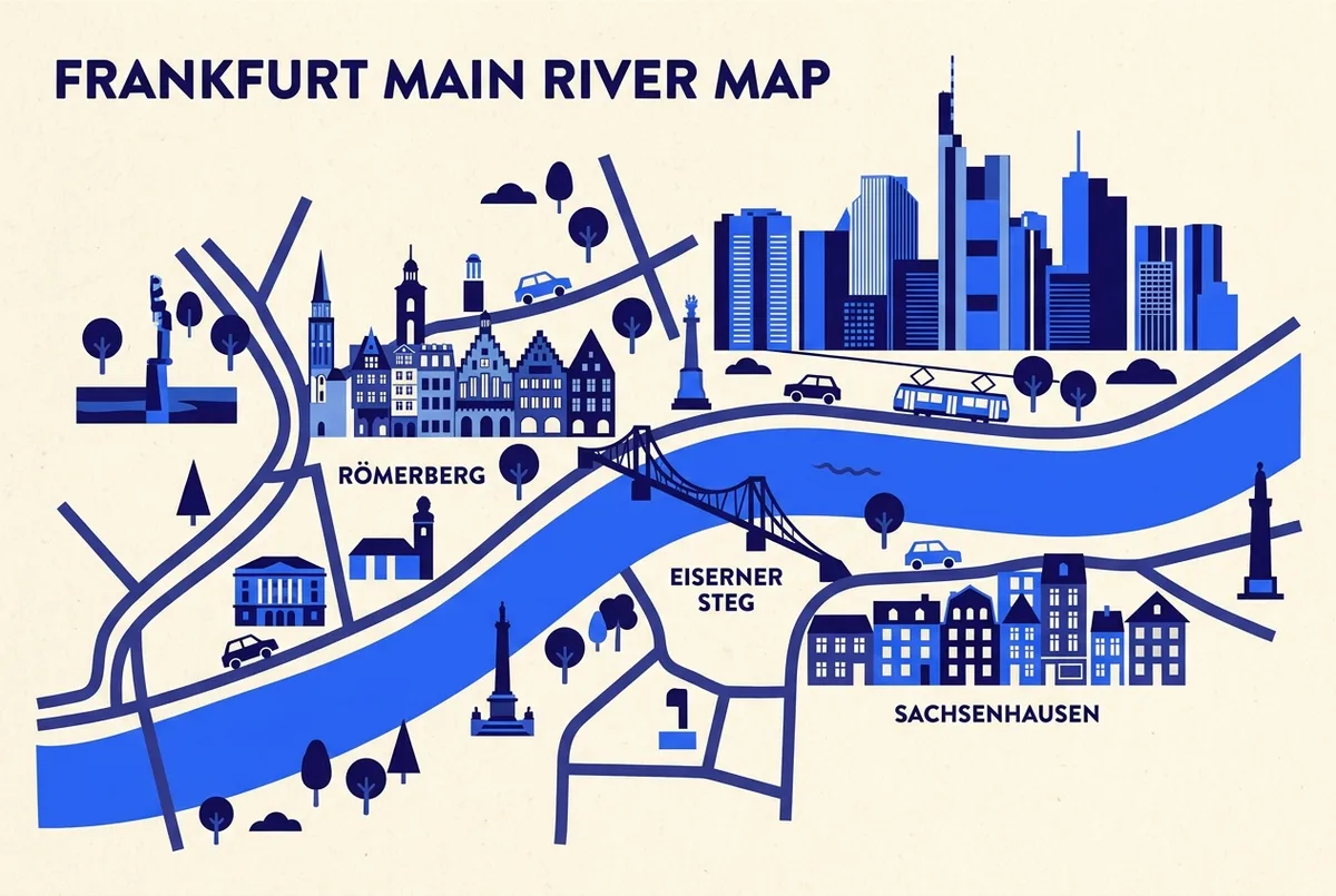 Simple map graphic of the River Main's course through central Frankfurt, labeling the Eiserner Steg, the old town, Sachsenhausen and the Financial District along the water