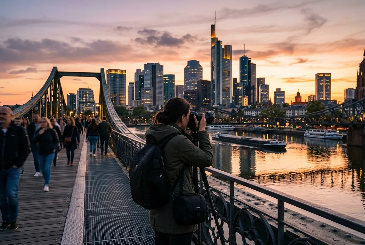 Photographer with a camera framing the Frankfurt skyline reflected in the Main river from the Eiserner Steg bridge at sunset