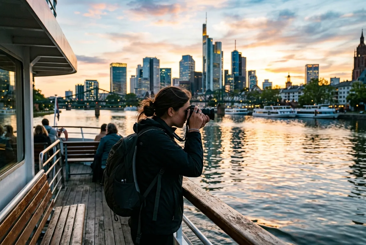 Editorial photo of a traveler on a boat deck photographing the Frankfurt skyline from the middle of the Main river at sunset, skyscrapers reflected in the water