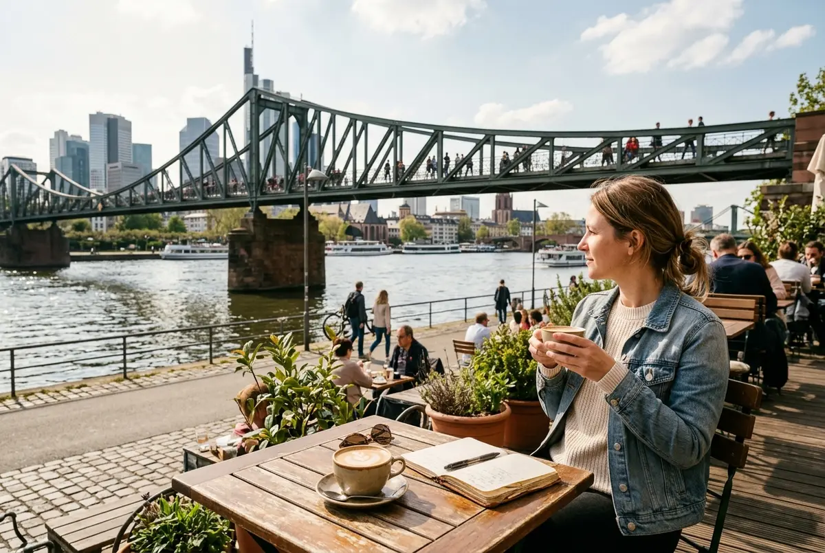 Gäste sitzen an einem kleinen Café Tisch direkt am Mainkai mit Blick auf die Eiserner Steg Brücke und die Frankfurter Skyline, goldenes Nachmittagslicht