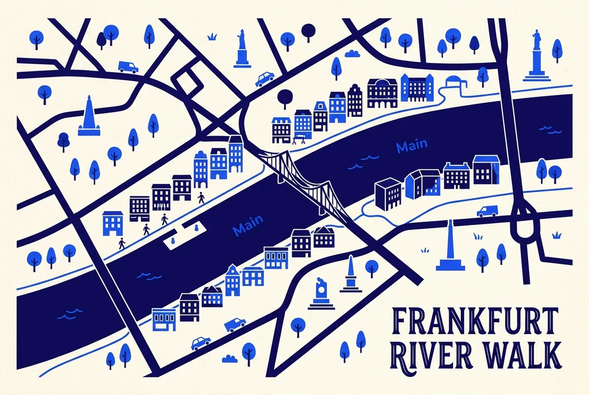 Kartenartige Illustration der Mainkai Promenade zwischen Eisernem Steg und Römerberg mit markierten Café Standorten, generische Symbole ohne Markennamen, cafés am main frankfurt Lagekarte