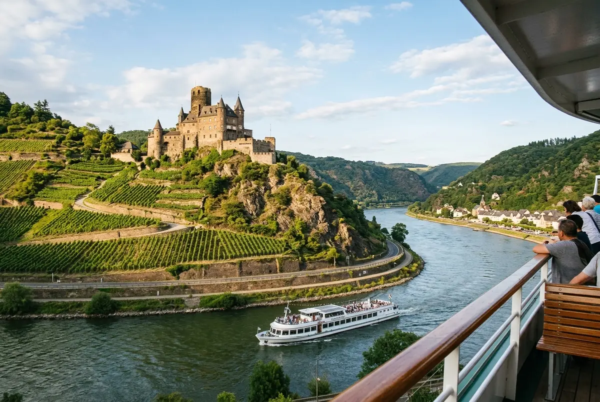 Medieval hilltop castle overlooking a bend in the Rhine Gorge with terraced vineyards below, viewed from a passing river boat