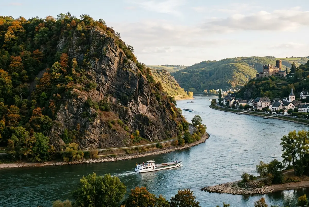 Steep slate cliff of the Loreley rock rising above a sharp bend in the Rhine, with a small boat passing below
