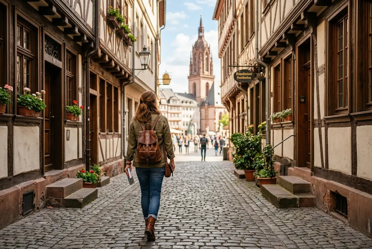 Reisende schlendern über das Kopfsteinpflaster am Römerberg zwischen rekonstruierten Fachwerkhäusern in der Frankfurter Altstadt, warmes Vormittagslicht, altstadt frankfurt zu fuß Stimmung